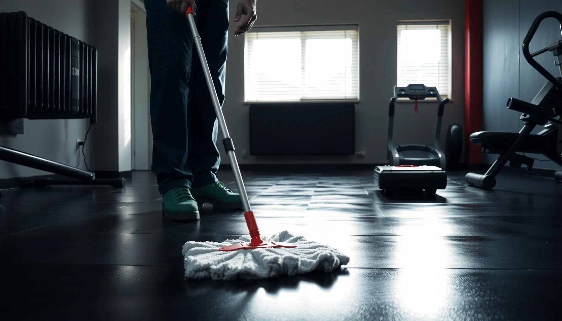 A person mopping rubber floors using safe cleaning techniques for effective results.