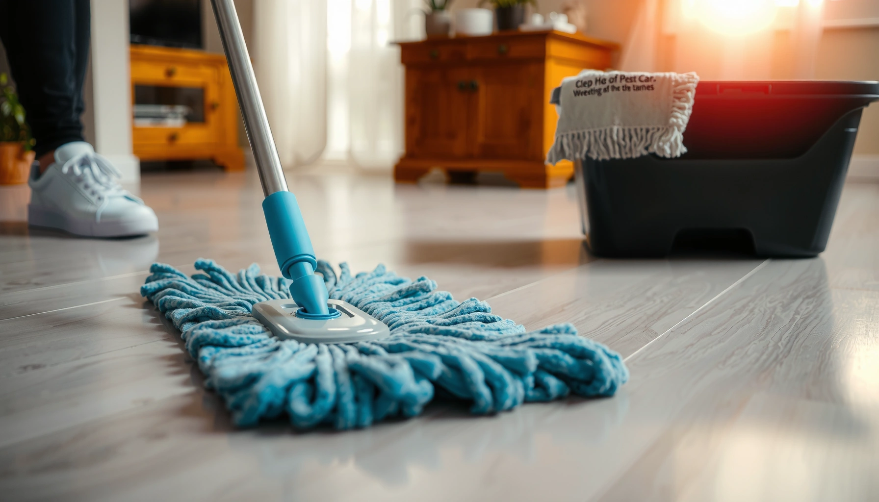 Person mopping sheet vinyl floors carefully to avoid damage, showcasing proper technique.