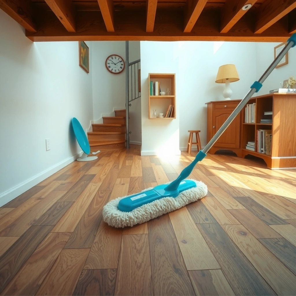Essential supplies for mopping engineered wood floors, including mops, cleaners, and buckets.