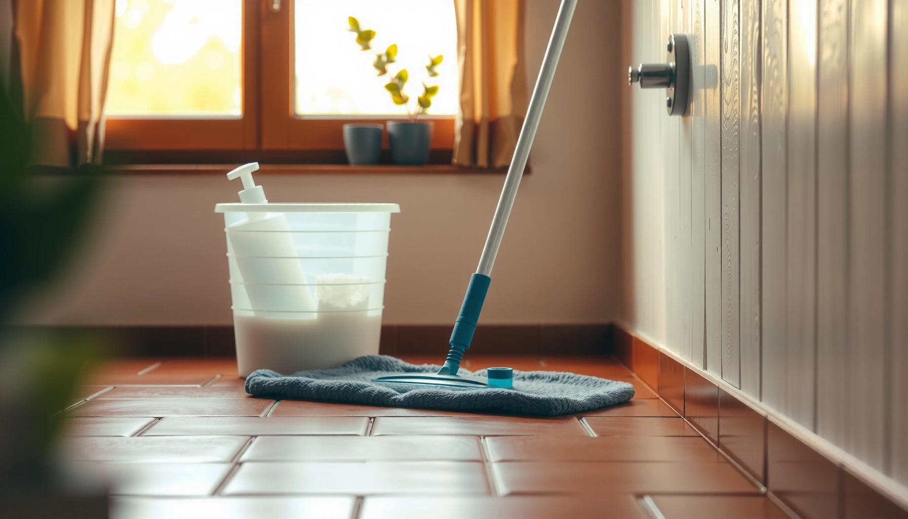 Person mopping terracotta floors using safe cleaning methods for maintenance