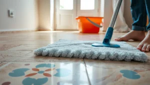 A person mopping travertine floors using safe cleaning methods for effective maintenance.