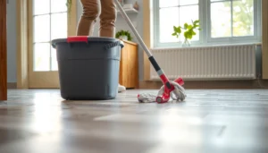 A person mopping vinyl floors without leaving streaks or causing damage, demonstrating effective cleaning techniques.