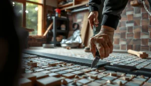 Step-by-step guide for installing mosaic tile floors with tools and materials displayed.