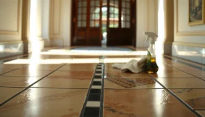 Mosaic tile floor being cleaned and sealed, showcasing proper maintenance techniques.