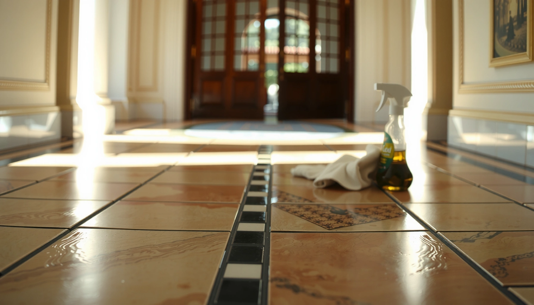 Mosaic tile floor being cleaned and sealed, showcasing proper maintenance techniques.
