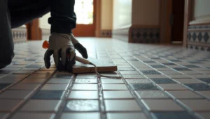 Step-by-step repair process for peeling mosaic tile floors, illustrating tools and techniques used.