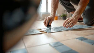 Step-by-step guide for replacing mosaic tile floors with tools and materials shown.