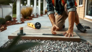 Step-by-step guide on how to install outdoor floors with tools and materials shown.