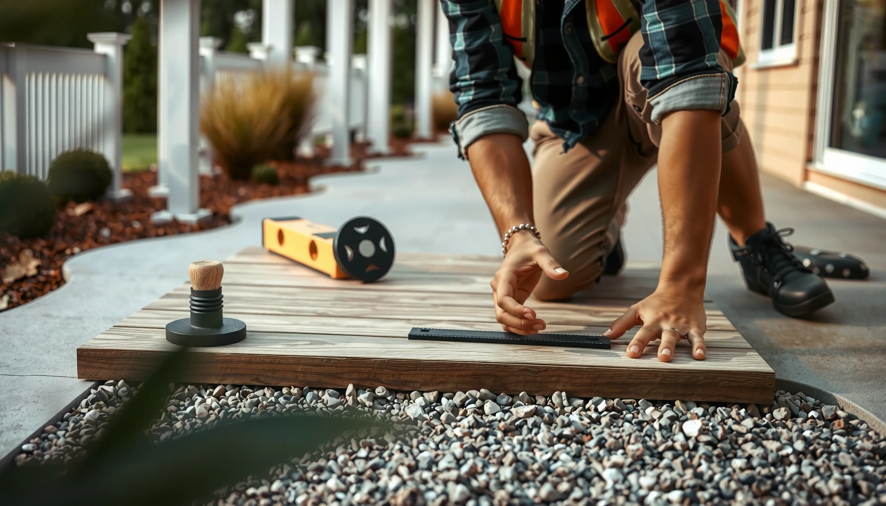 Step-by-step guide on how to install outdoor floors with tools and materials shown.