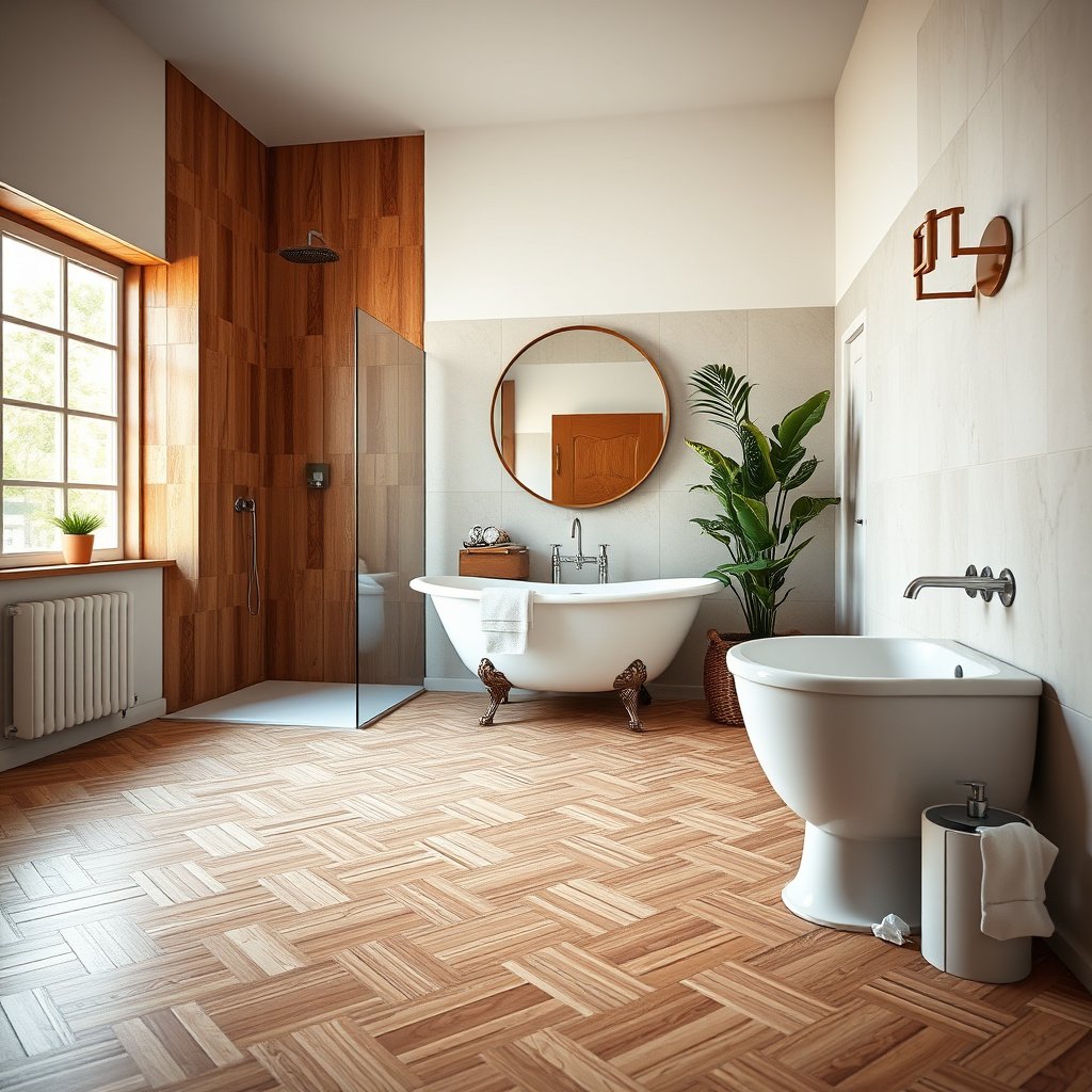 Layout, acclimation, and fixing parquet floors in a bathroom installation process.