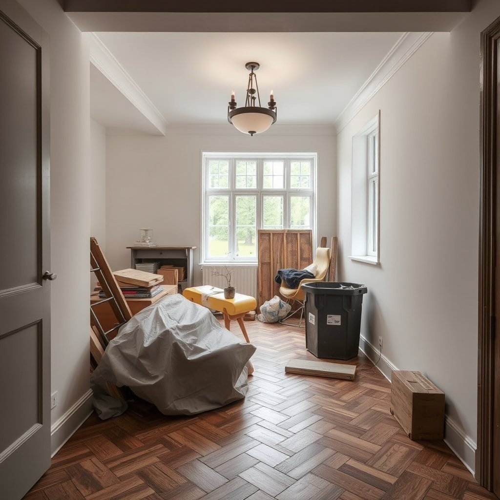 Illustration of planning steps for safe disposal of herringbone flooring materials.