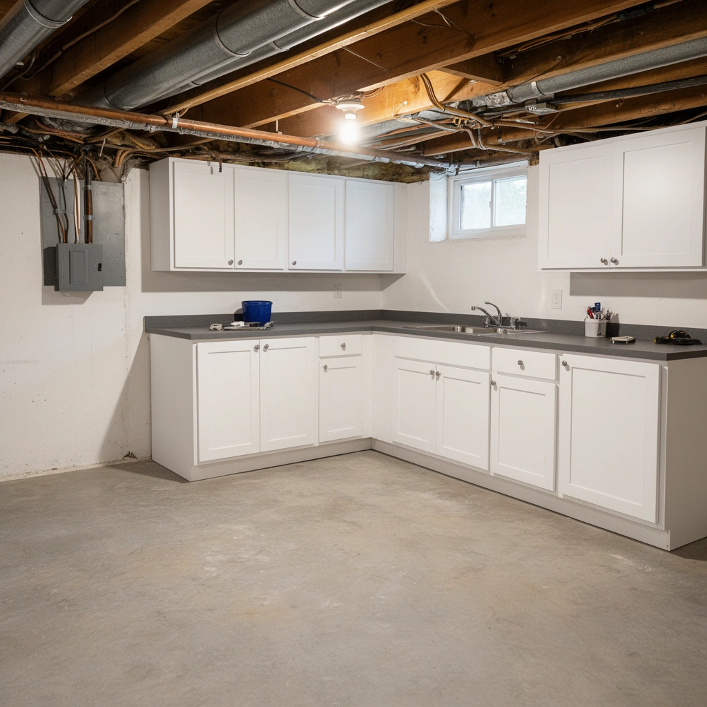 Diagram showing how to plan layout and protect expansion space for basement floor installation around cabinets