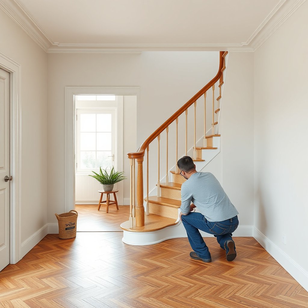 Mapping tread and riser layout for installing parquet floors around stairs