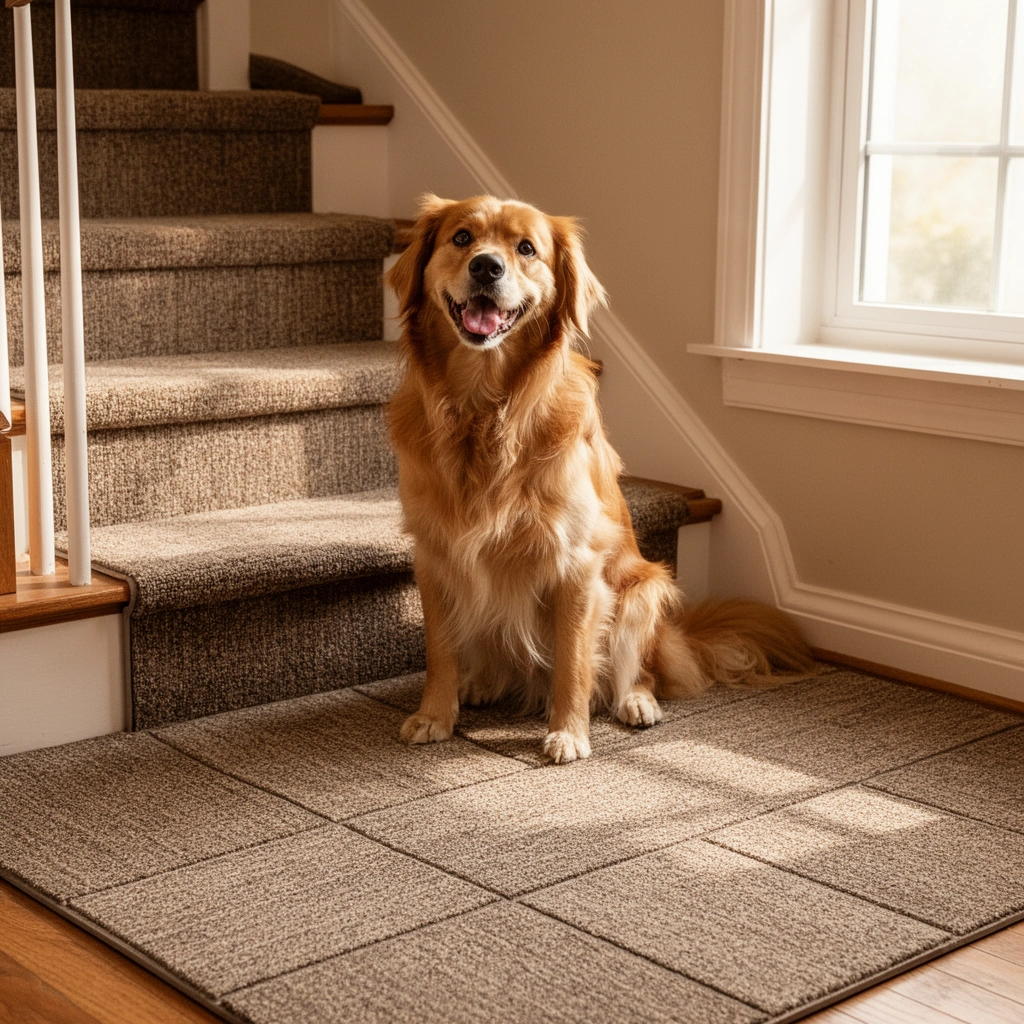 Diagram showing how to plan the layout for installing carpet tiles around stairs.
