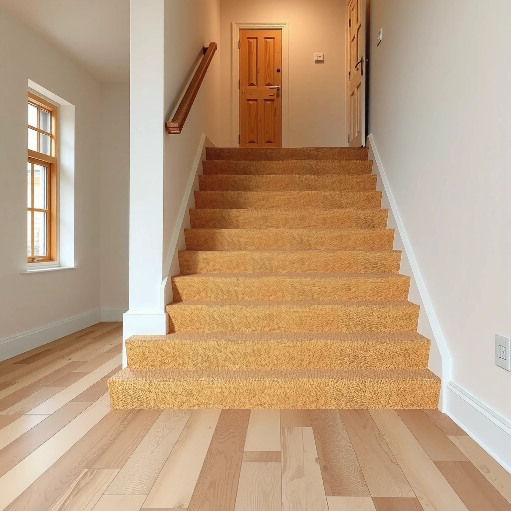 Diagram showing how to plan cork floor layout around stairs before cutting.