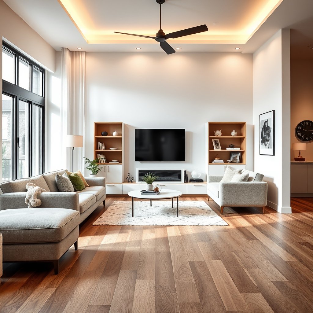 Measuring tools and materials for hardwood floor replacement in a living room