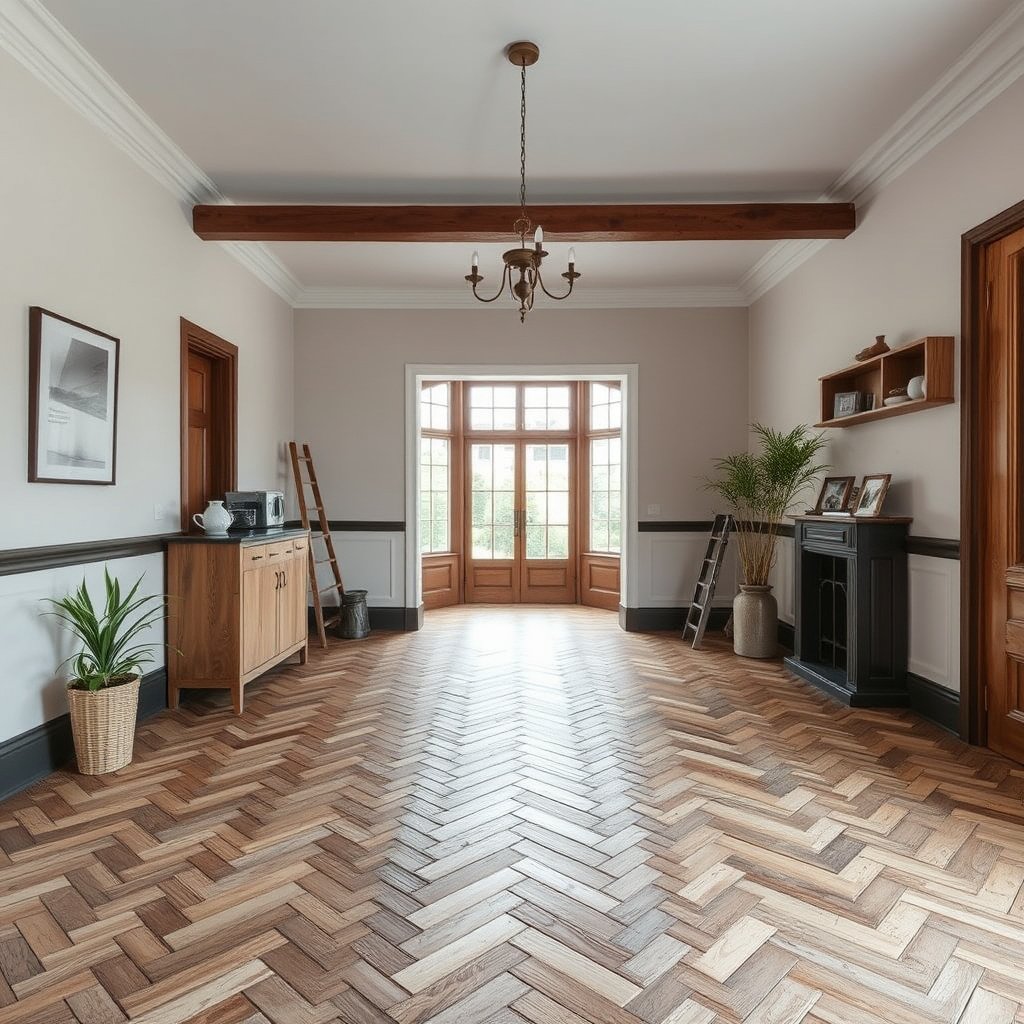 Diagram showing how to plan a herringbone floor layout before cutting boards.