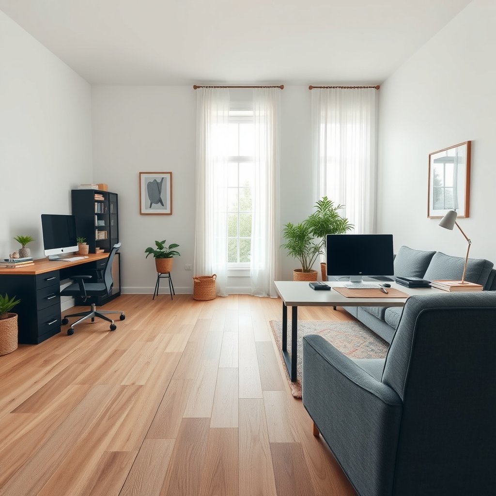 Office layout plan for engineered wood floor installation, showing subfloor and direction considerations.