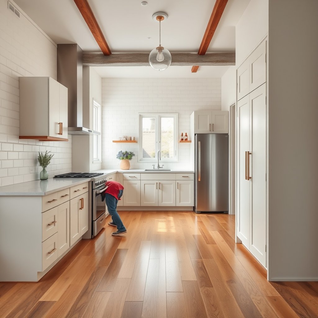 A detailed layout plan for replacing vinyl floors in a kitchen, showcasing design and material choices.