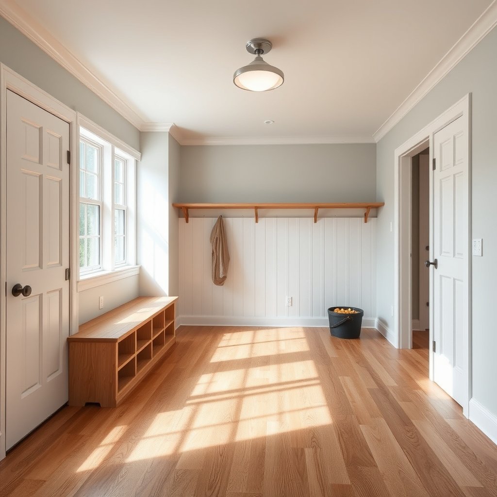 A diagram showing the layout planning for laminate flooring in a mudroom.