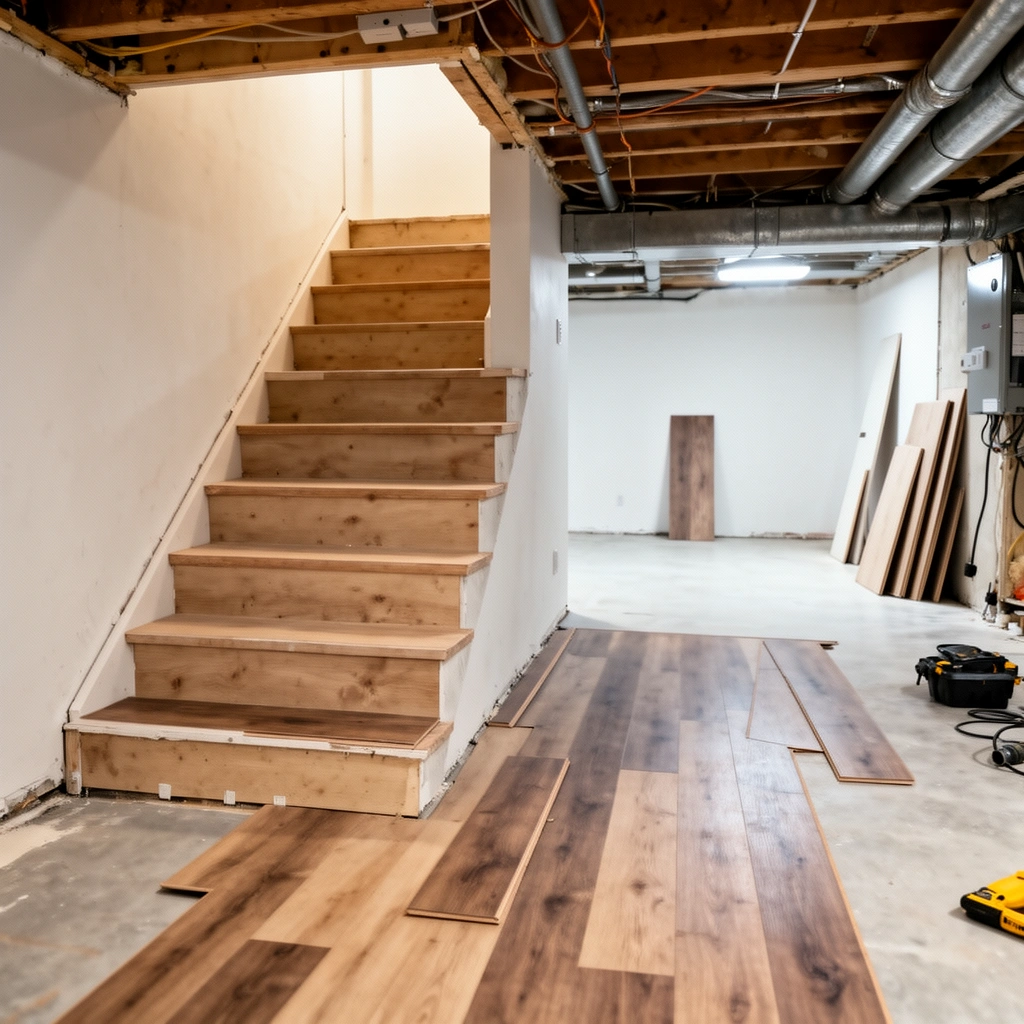 A diagram illustrating the layout planning for flooring installation on basement stairs.