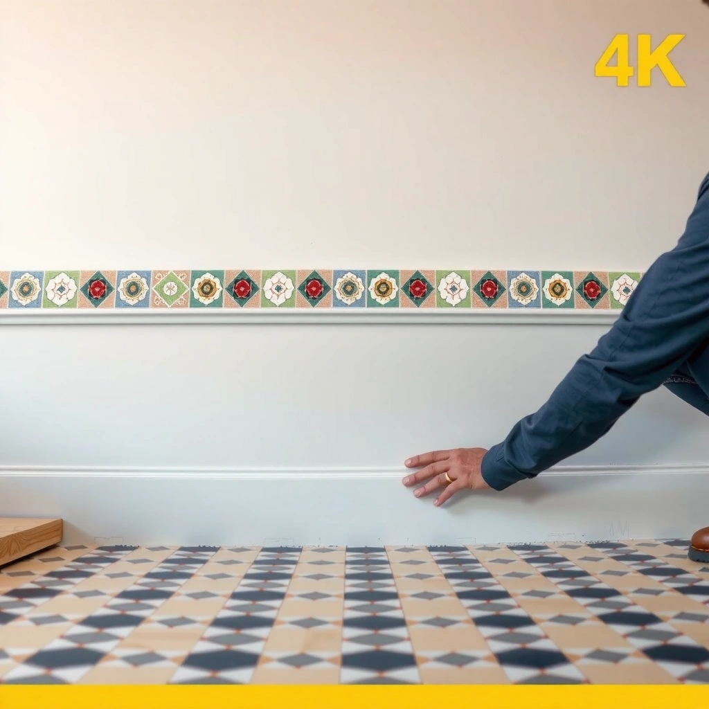 Planning the layout for baseboards installation with mosaic tile floors.