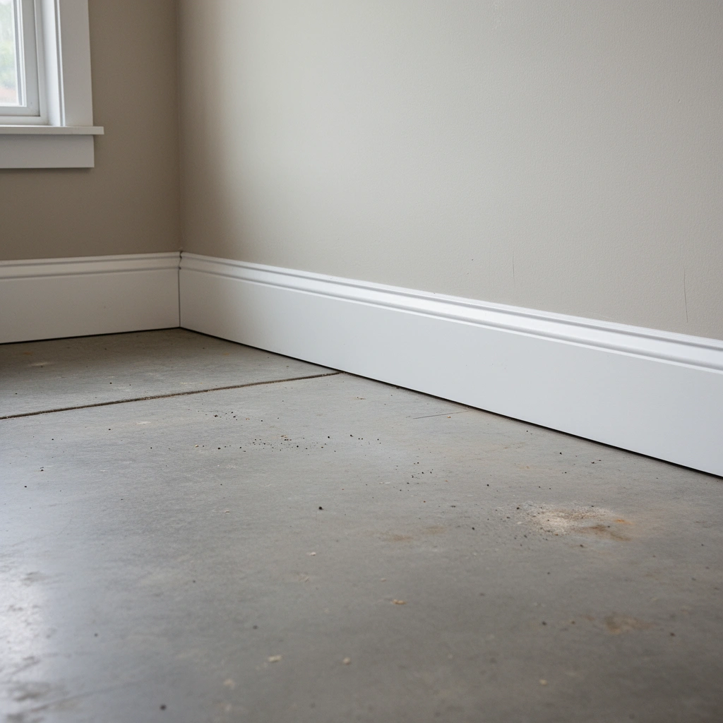 Layout planning for installing baseboards with garage floors, confirming floor type.