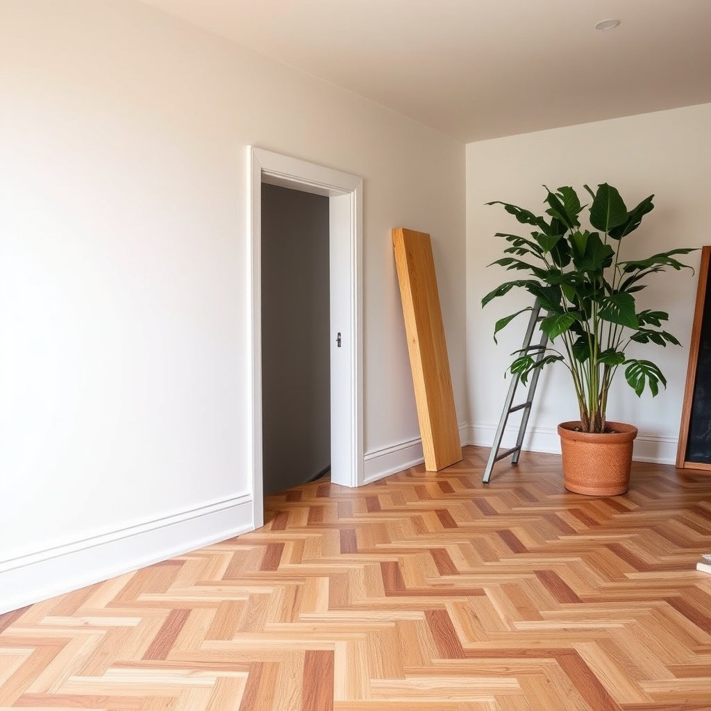 Image showing planning the fit of baseboards around chevron flooring for installation.