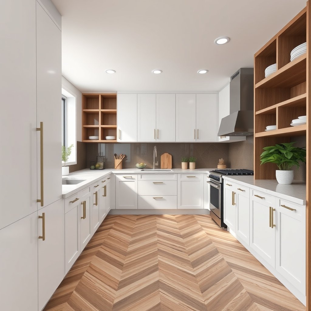 Diagram illustrating the planned layout for chevron flooring installation around cabinets
