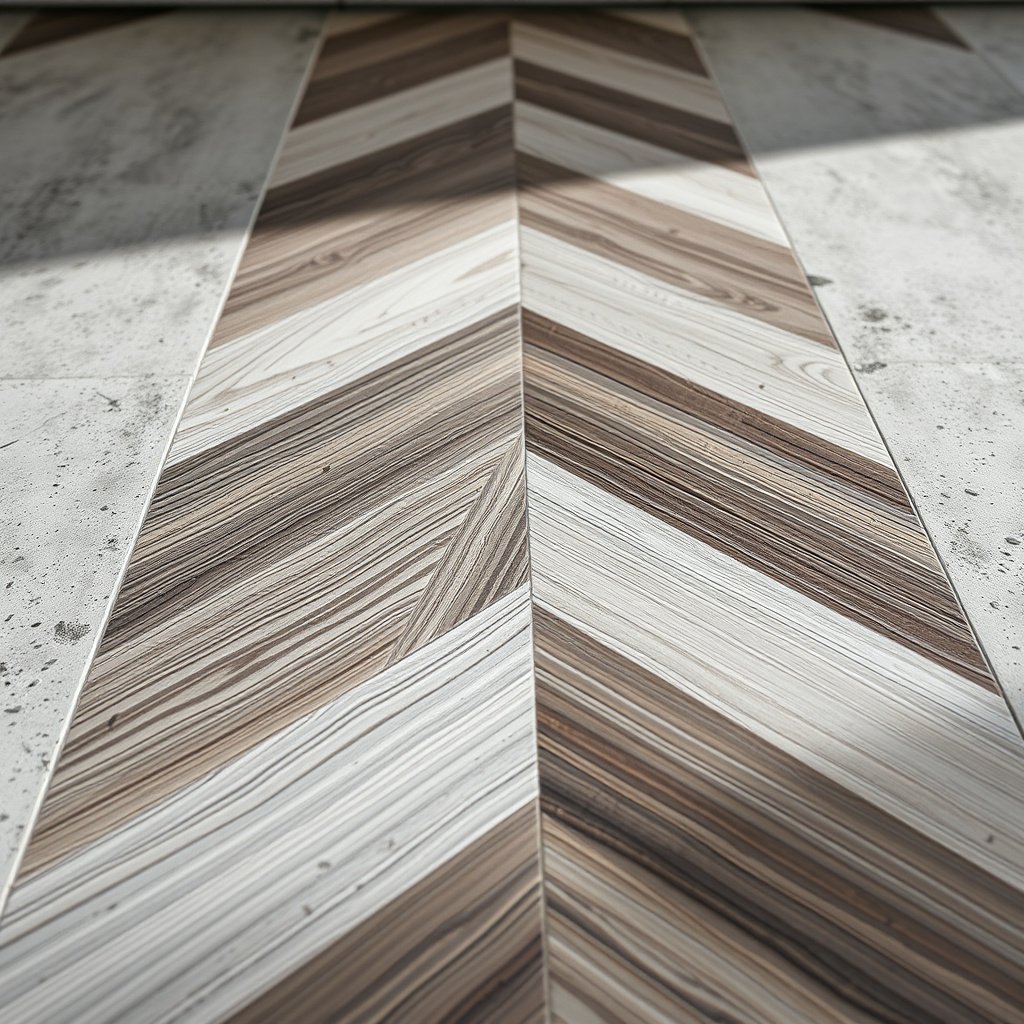 Dry-fitting chevron layout for concrete floor installation, ensuring proper alignment and design.