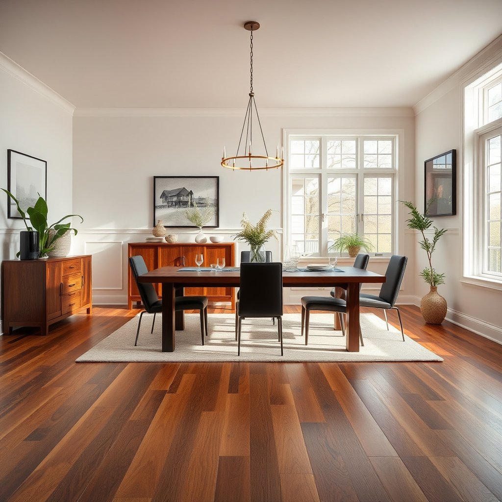 Measuring height differences and planning cut lines for hardwood floor transitions in a dining room.