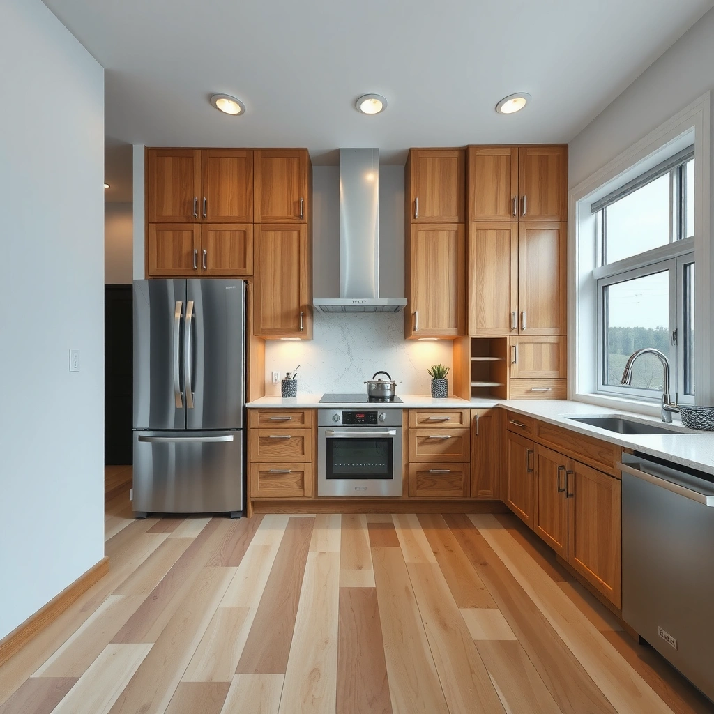 Diagram showing how to plan the cut path for sheet vinyl flooring around kitchen cabinets.