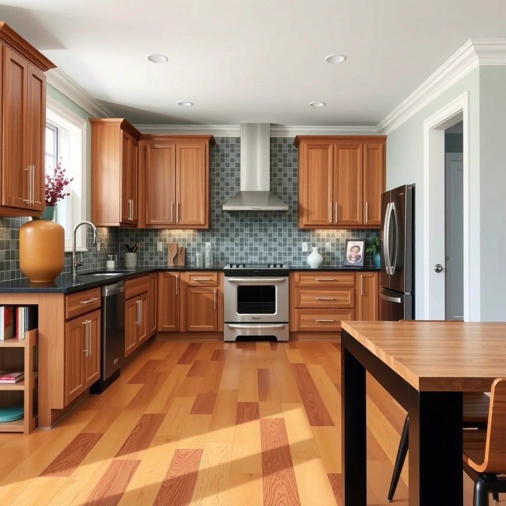 Diagram showing the layout planning for engineered wood floors around kitchen cabinets.