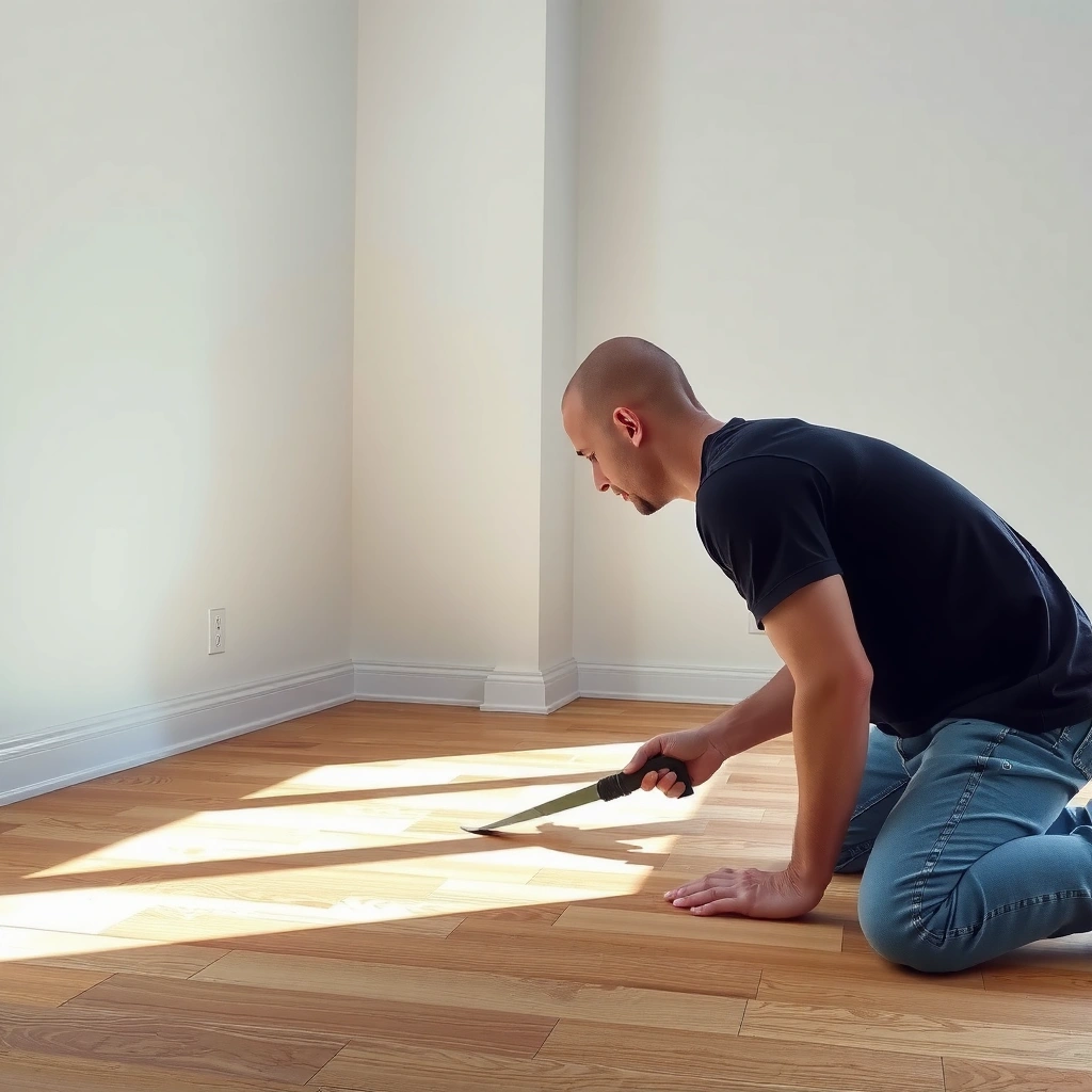 Image showing how to plan the gap and trim the rubber edge for baseboards installation.