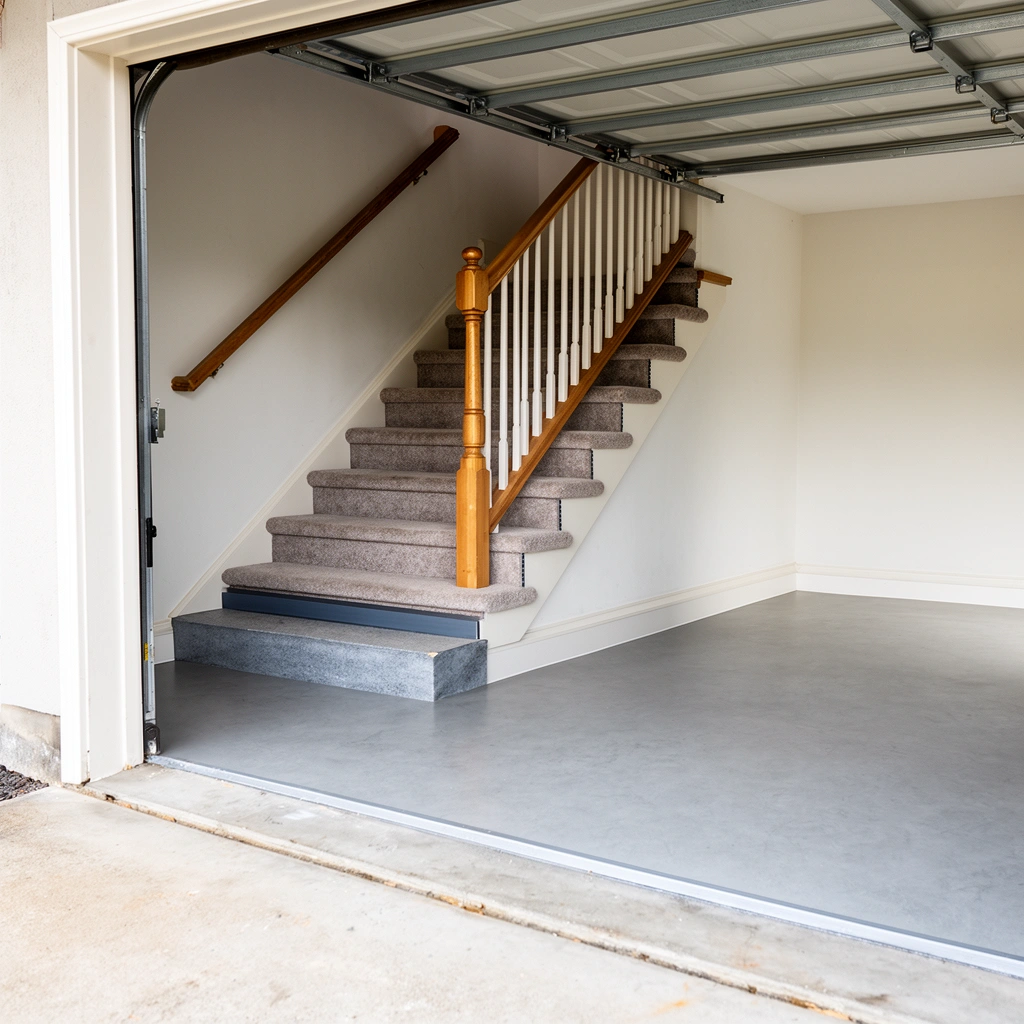 A diagram showing how to plan the layout for garage floors around stairs before cutting.
