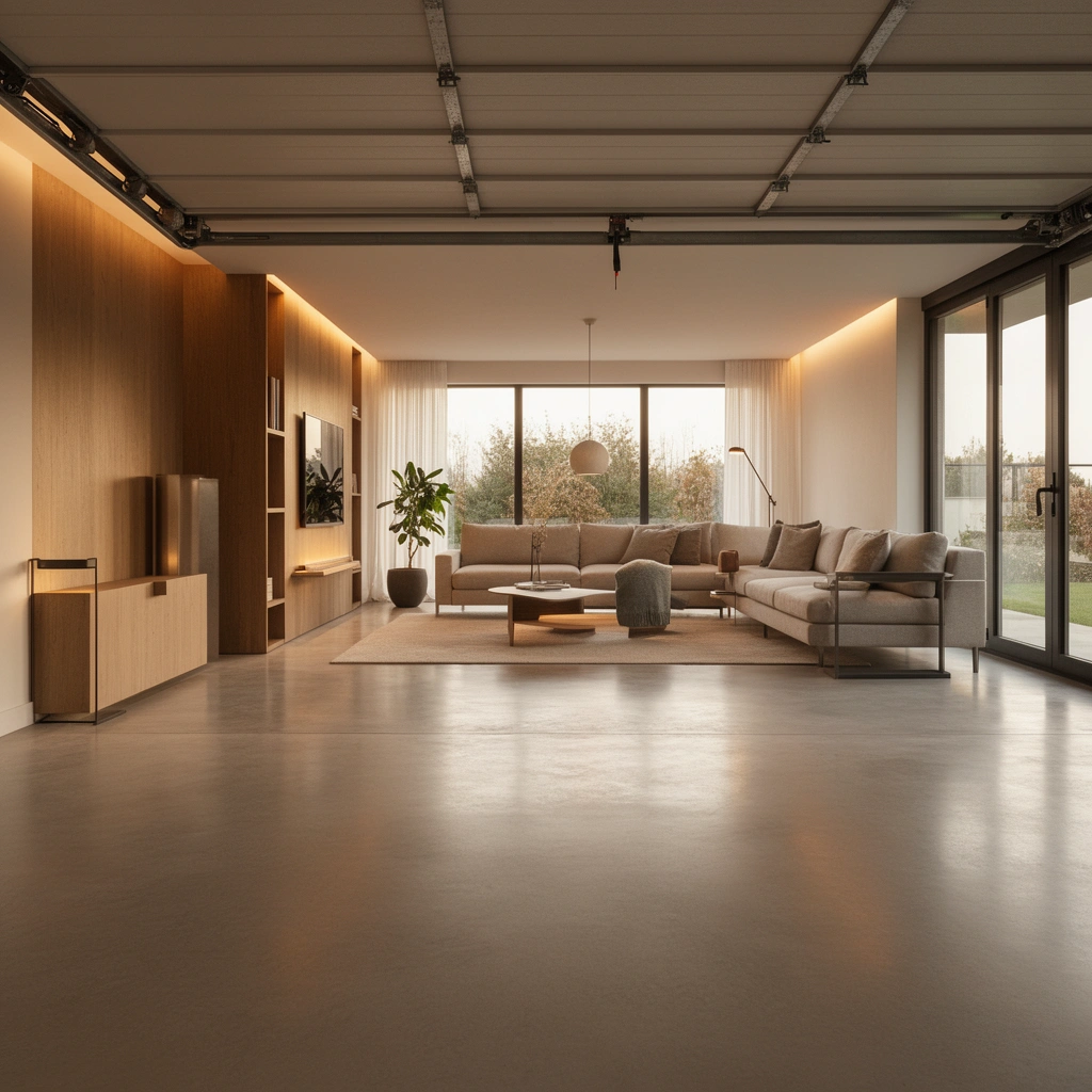 A blueprint showing the planned flooring system for a garage converted into a living space.