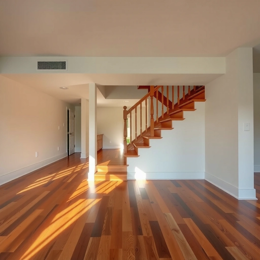 A person planning the layout for hardwood floors around stairs before cutting the boards.