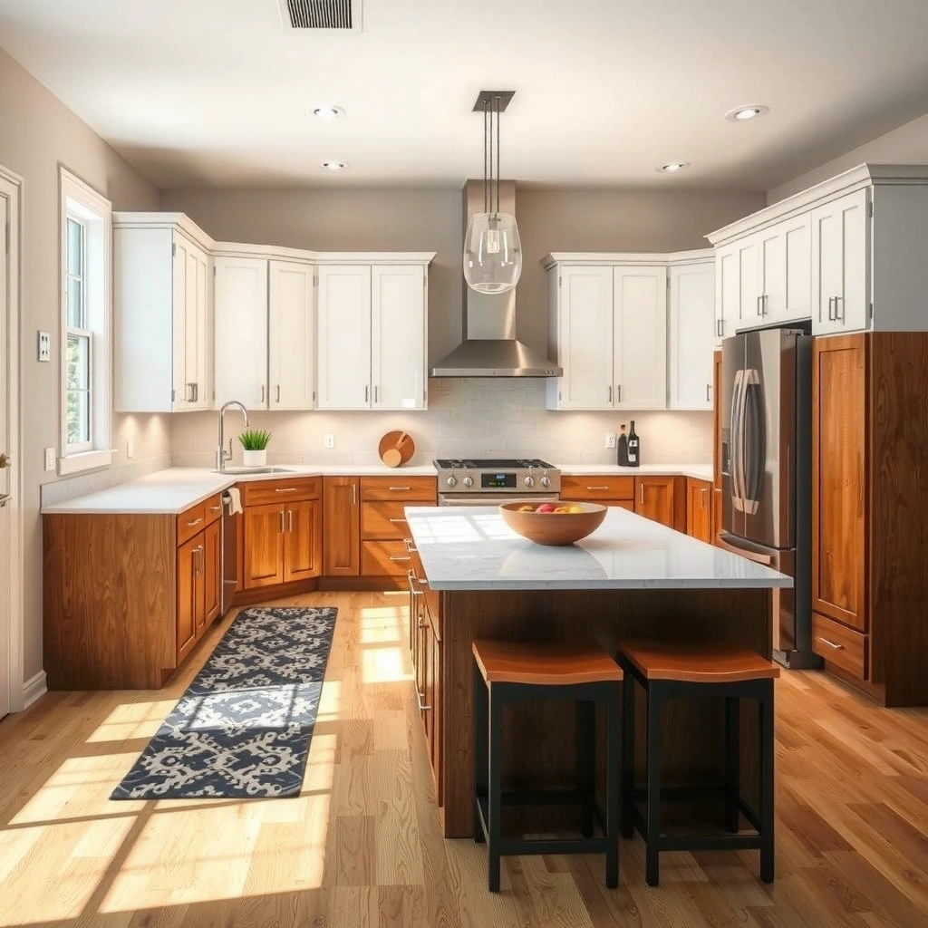 Diagram showing how to plan hardwood floor layout around cabinets before cutting