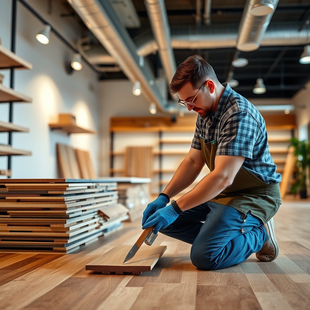 Diagram outlining moisture, leveling, and finish requirements for hardwood floor preparation in retail stores.
