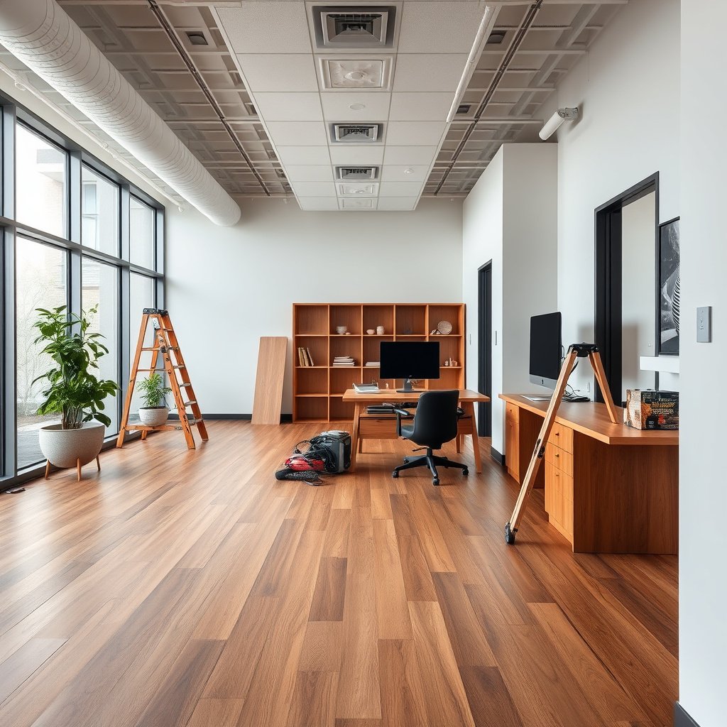 A detailed plan for replacing hardwood floors in a commercial office, including scope, schedule, and product choices.