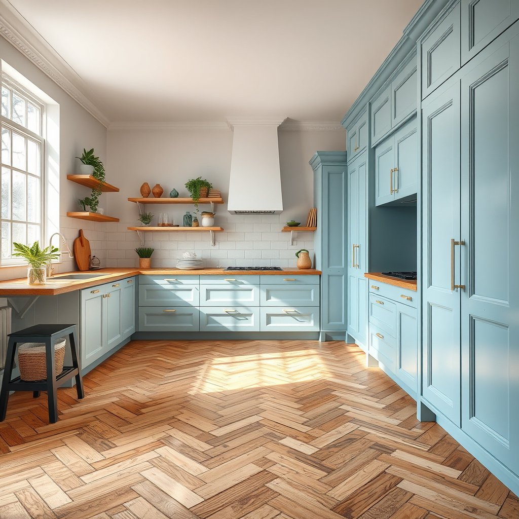 A layout plan for installing herringbone floors in a kitchen with necessary supplies gathered.