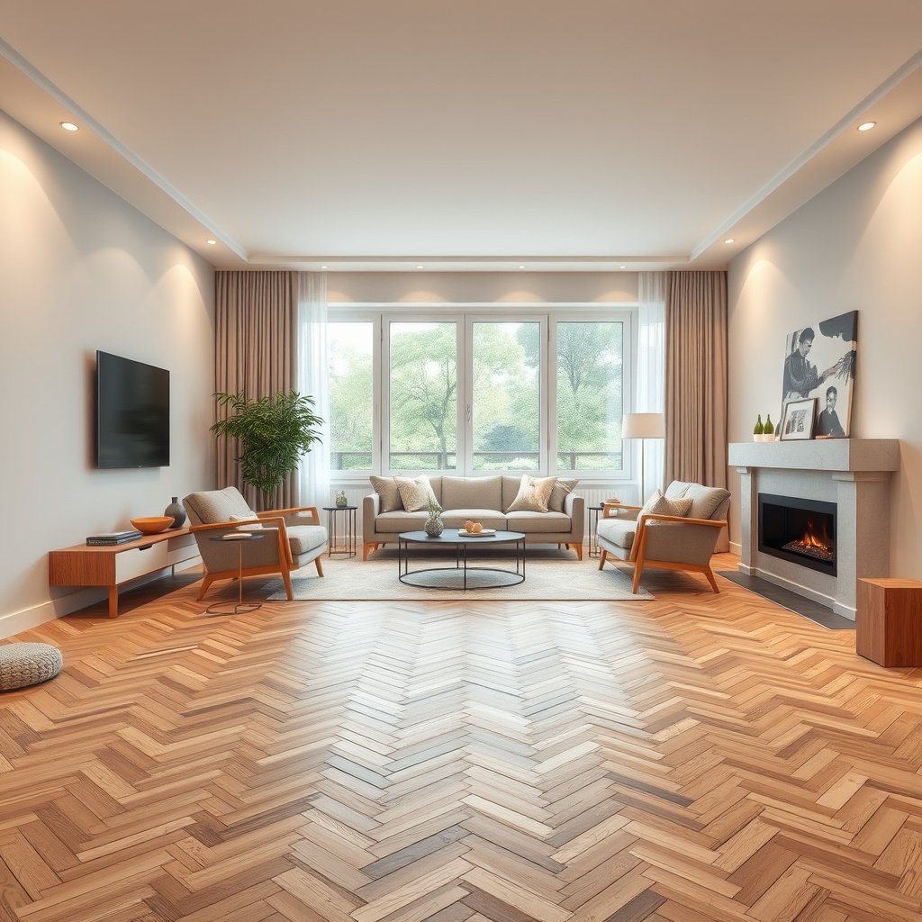 Diagram showing layout and materials for herringbone floor installation in a living room.