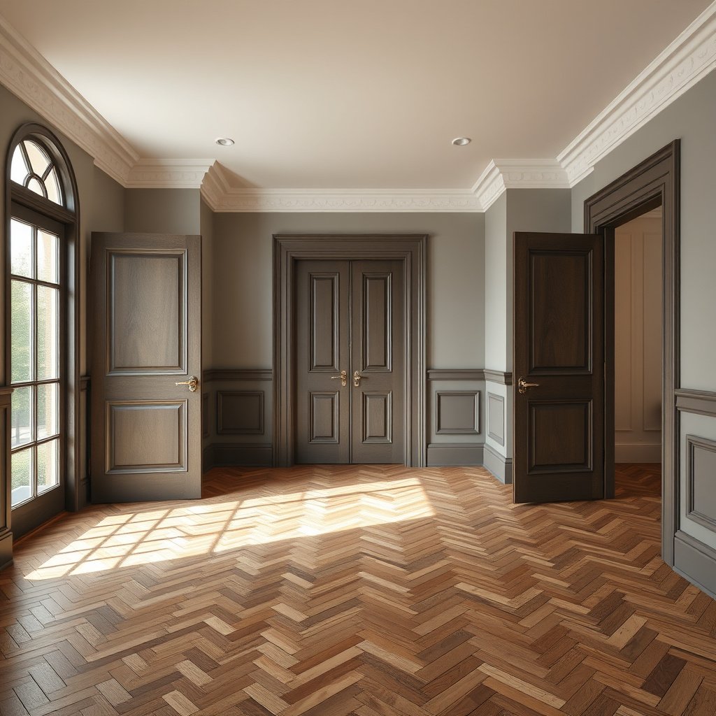 Diagram showing layout planning for herringbone floors around doors before cutting.
