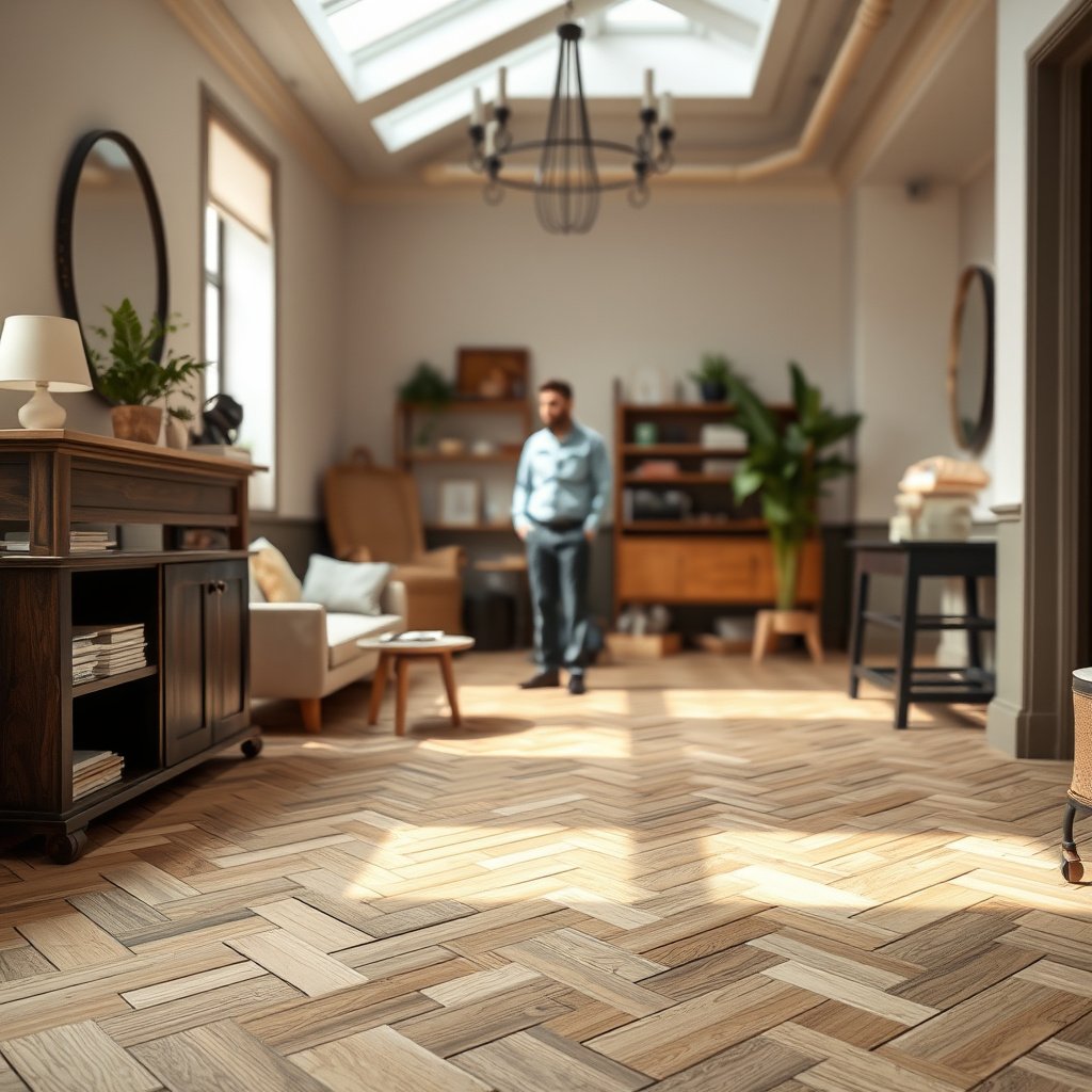 Diagram showing how to plan a herringbone floor layout for accurate cuts.