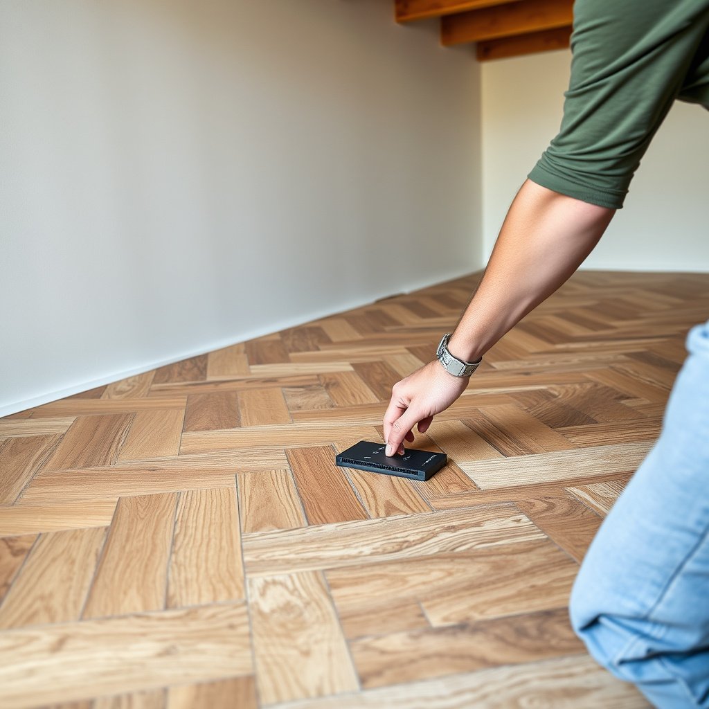 Diagram showing how to plan a herringbone floor layout in a basement to prevent drift