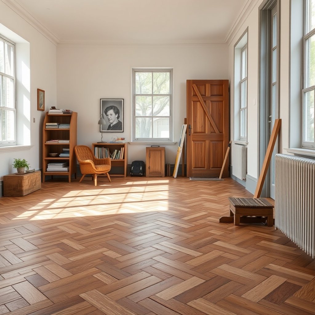 Materials and tools gathered for herringbone floor replacement project