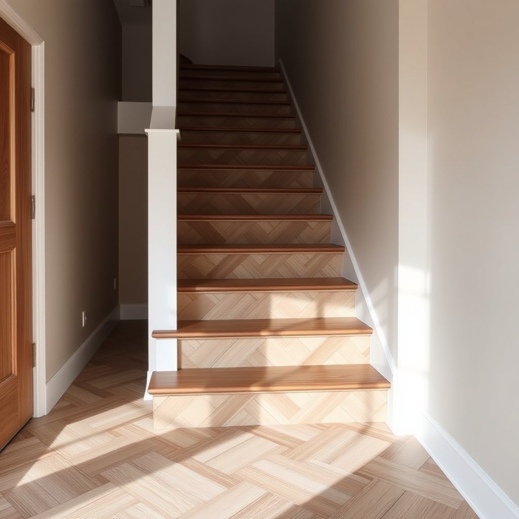 A diagram showing how to plan a herringbone layout for stair steps in flooring installation.