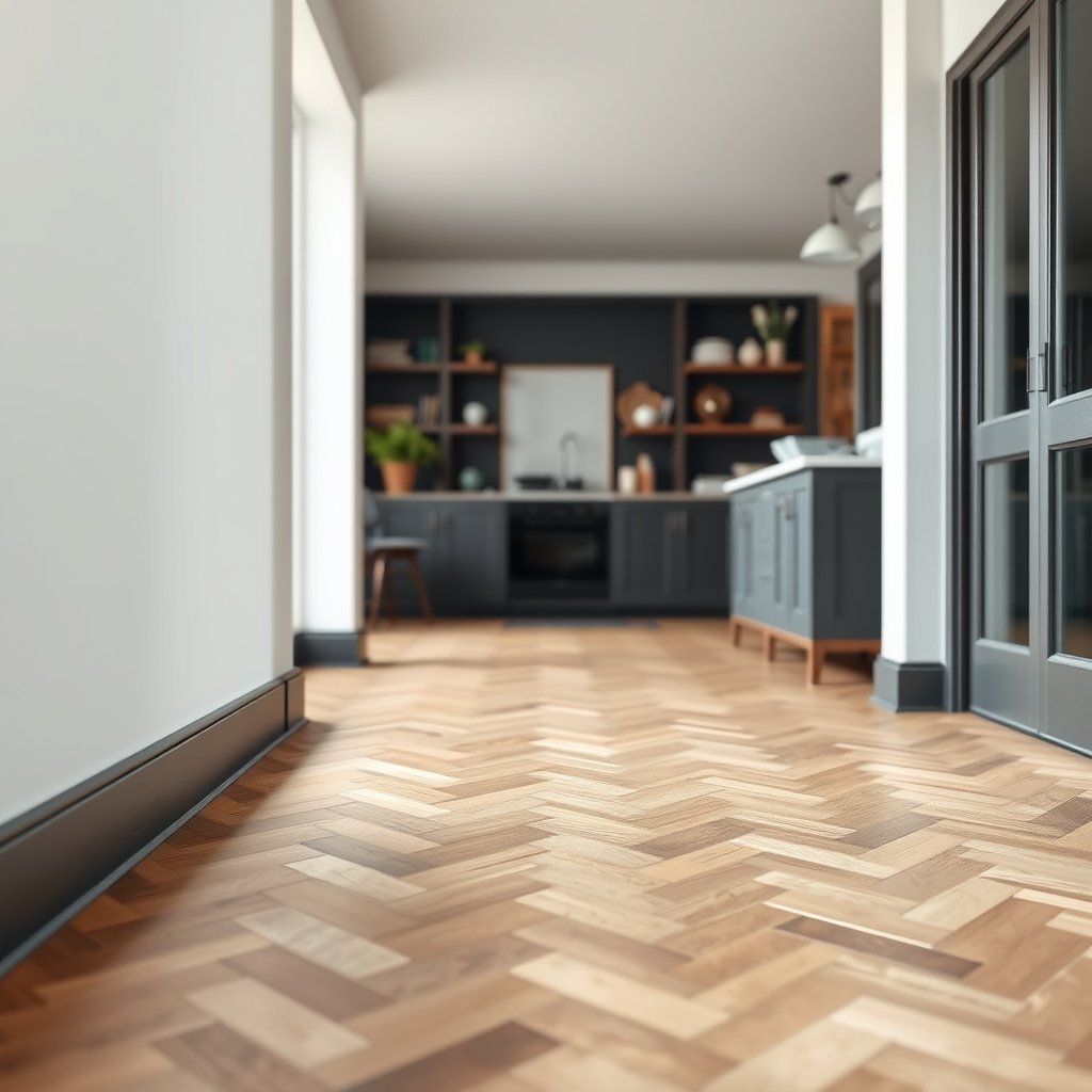 Diagram showing how to plan trim cuts for herringbone floors to maintain alignment.