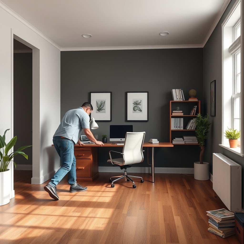 Measuring and mapping transitions for laminate floor replacement in a home office.