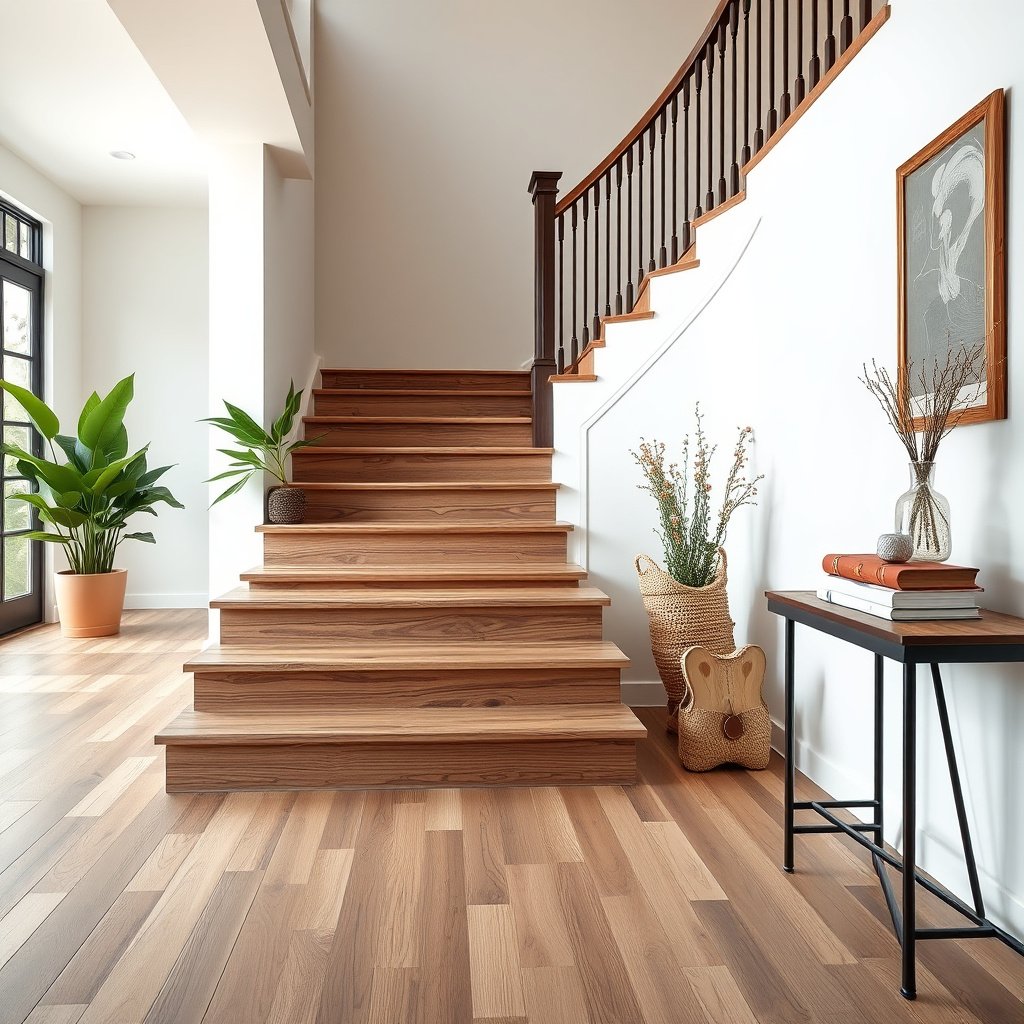Diagram showing layout planning and materials selection for wood-look tile on stairs.